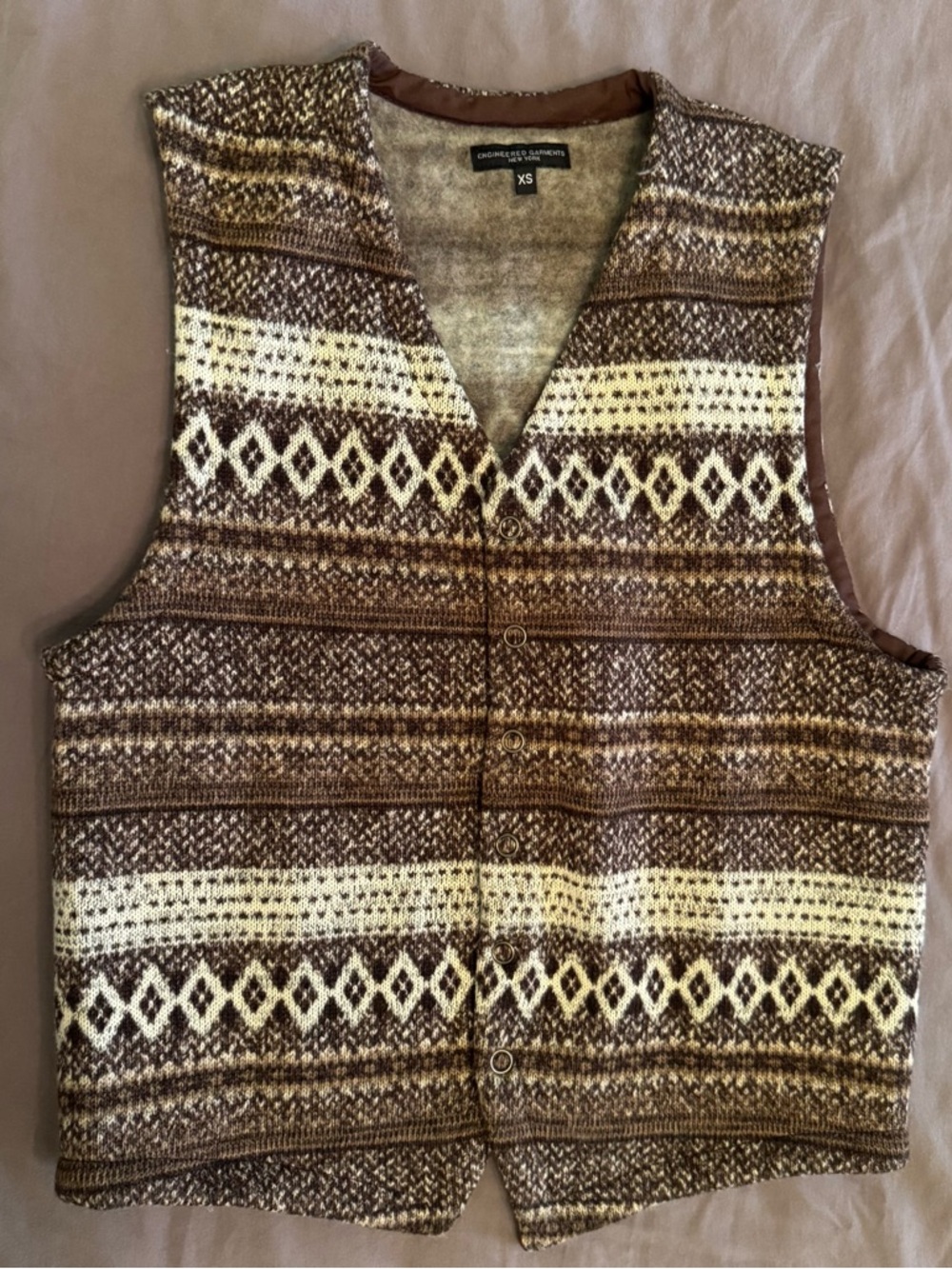 Mens Engineered Garments New York Snap Button Vest Polyester XS Brown White